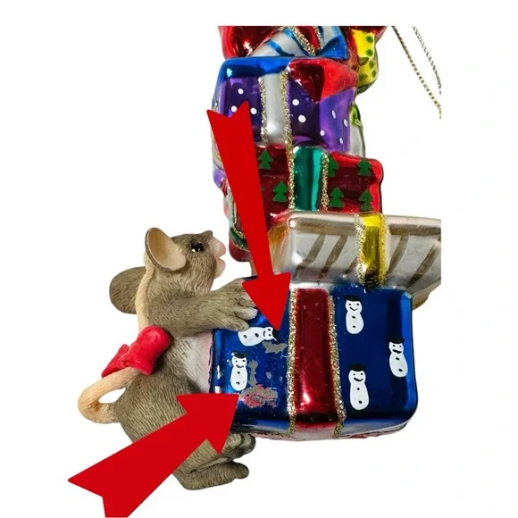 Charming Tails Blown Glass Christmas Tree Ornament Stacks Of Joy In Box with tag - Picture 10 of 10